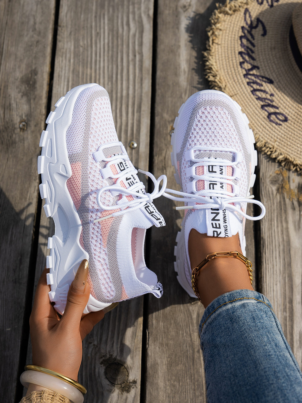 Women’s Breathable Flyknit Low Heel Shoes with Rubber Sole Material - White Ash Gray / 36
