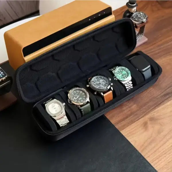 5-Slot Watch Case Hard Shell Black Travel Organizer - black