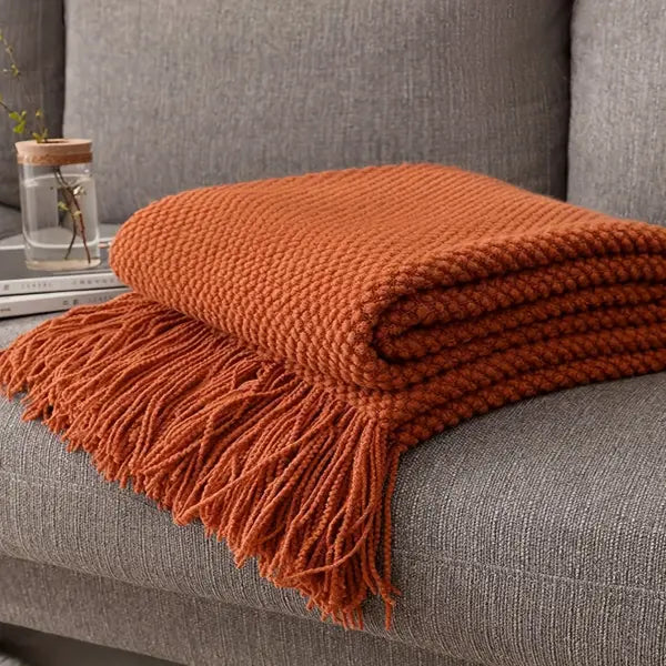 1pc Morandi Orange Tassel Knitted Blanket Soft Warm Throw Blanket Nap Blanket for Couch Sofa Camping Travelling