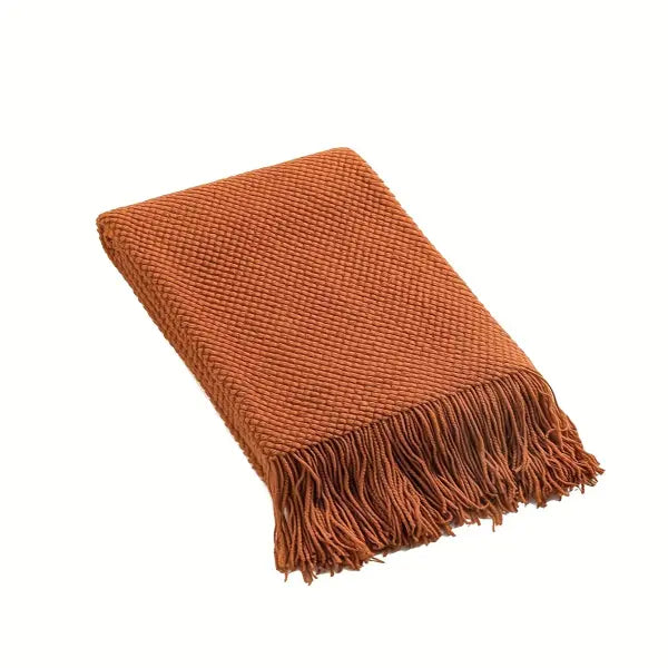 1pc Morandi Orange Tassel Knitted Blanket Soft Warm Throw Blanket Nap Blanket for Couch Sofa Camping Travelling