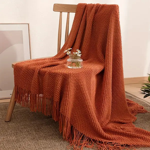 1pc Morandi Orange Tassel Knitted Blanket Soft Warm Throw Blanket Nap Blanket for Couch Sofa Camping Travelling