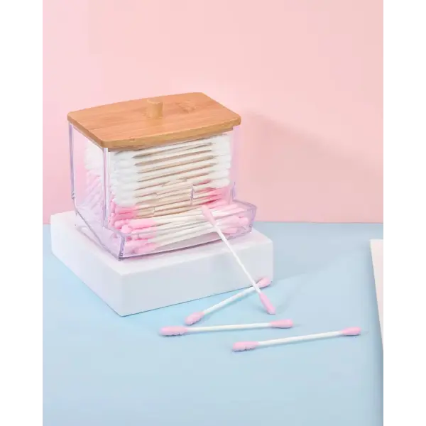 Clear Cotton Swab Holder with Bamboo Lid Plastic Bathroom Storage Jar for Q-Tips