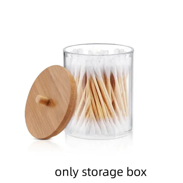 Clear Cotton Swab Holder with Bamboo Lid Plastic Bathroom Storage Jar for Q-Tips - 01
