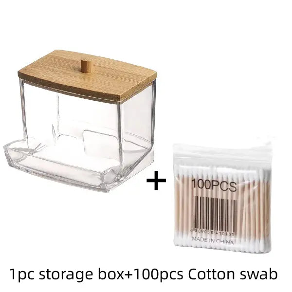 Clear Cotton Swab Holder with Bamboo Lid Plastic Bathroom Storage Jar for Q-Tips - Dark Khaki