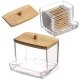 Clear Cotton Swab Holder with Bamboo Lid Plastic Bathroom Storage Jar for Q-Tips