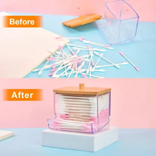 Clear Cotton Swab Holder with Bamboo Lid Plastic Bathroom Storage Jar for Q-Tips