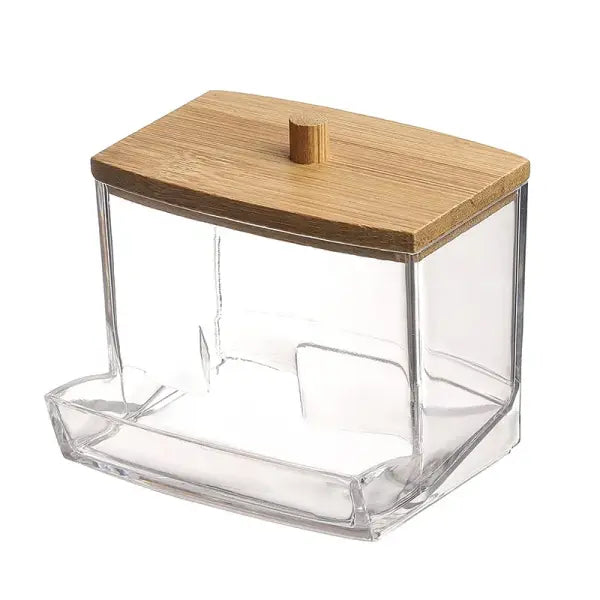 Clear Cotton Swab Holder with Bamboo Lid Plastic Bathroom Storage Jar for Q-Tips - 02