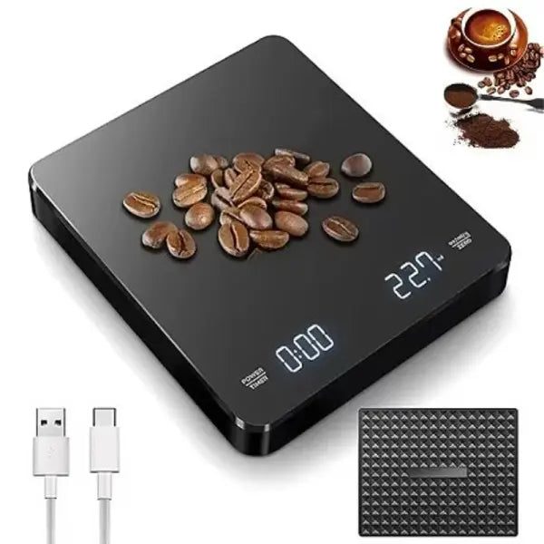 1Set Electronic Coffee Scale with Silicone Pad Digital Coffee Scale with Timer LED Display USB Charging Home Cafe