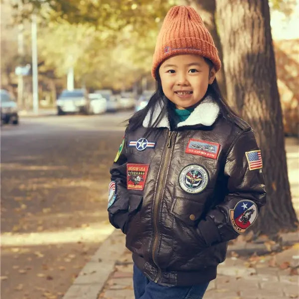 Kids PU Leather A2 Bomber Jacket – Vintage Pilot Flight Coat for Boys & Girls Ages 2–12 Winter Outerwear