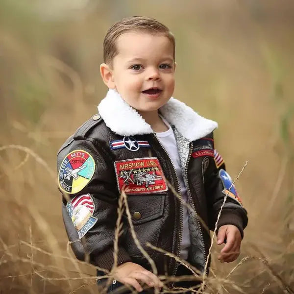 Kids PU Leather A2 Bomber Jacket – Vintage Pilot Flight Coat for Boys & Girls Ages 2–12 Winter Outerwear