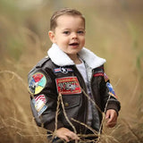 Kids PU Leather A2 Bomber Jacket – Vintage Pilot Flight Coat for Boys & Girls Ages 2–12 Winter Outerwear