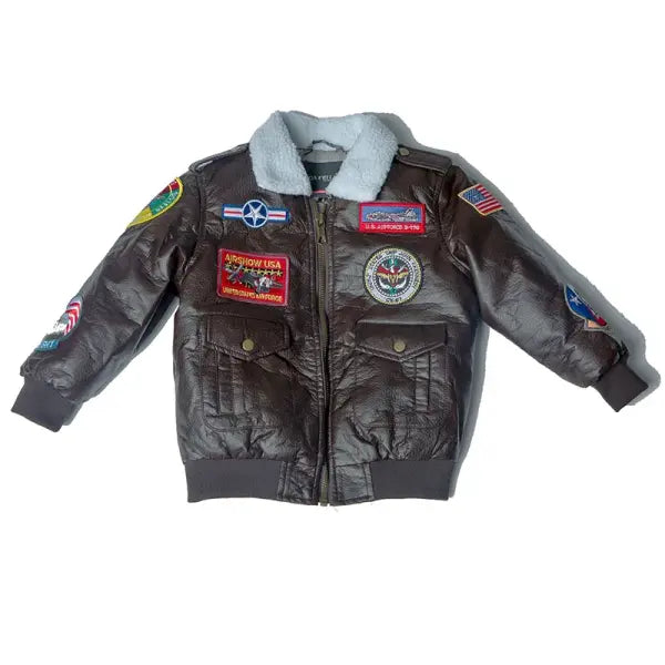 Kids PU Leather A2 Bomber Jacket – Vintage Pilot Flight Coat for Boys & Girls Ages 2–12 Winter Outerwear