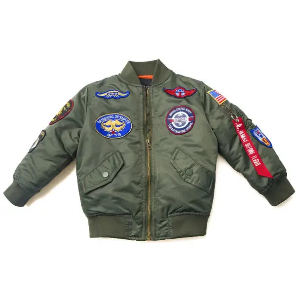 Kids Topgun Patched MA-1 Bomber Jacket – Winter Flight Coat for Boys & Girls Ages 2–12 - Olive Green / 2T