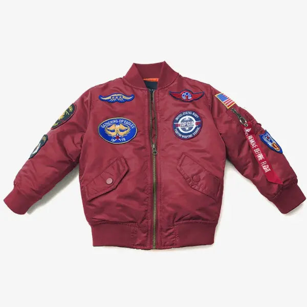 Kids Topgun Patched MA-1 Bomber Jacket – Winter Flight Coat for Boys & Girls Ages 2–12 - Burgundy / 4T