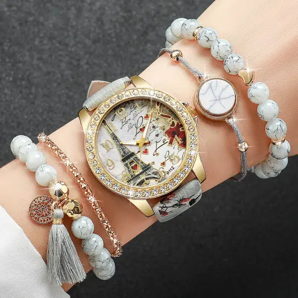 Quartz movement origin rhinestone flower watch with leather band - 5PCS Set Without Box