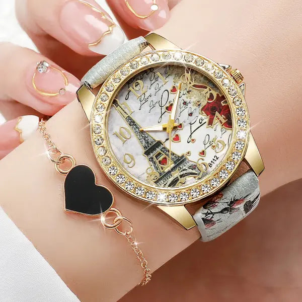 Quartz movement origin rhinestone flower watch with leather band - 2PCS C No Box
