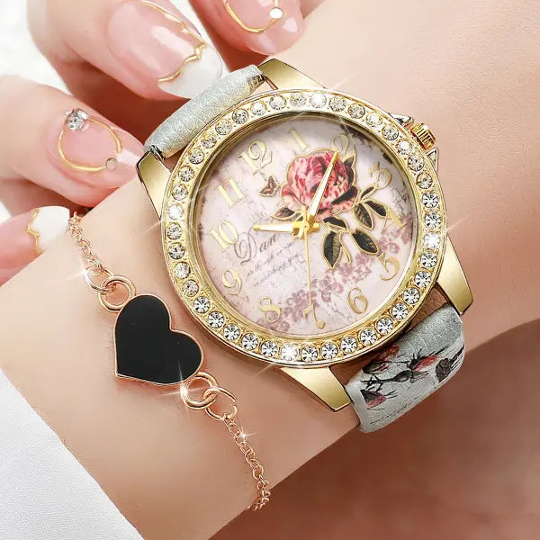 Quartz movement origin rhinestone flower watch with leather band - Flower 2PC C No Box