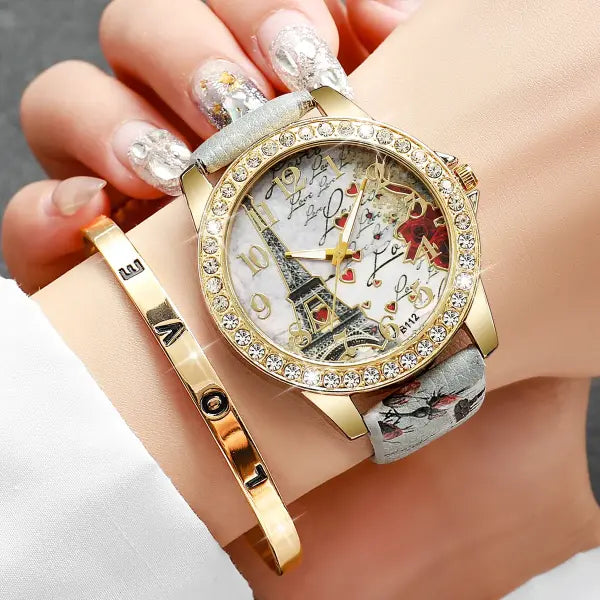 Quartz movement origin rhinestone flower watch with leather band - 2PCS A No Box