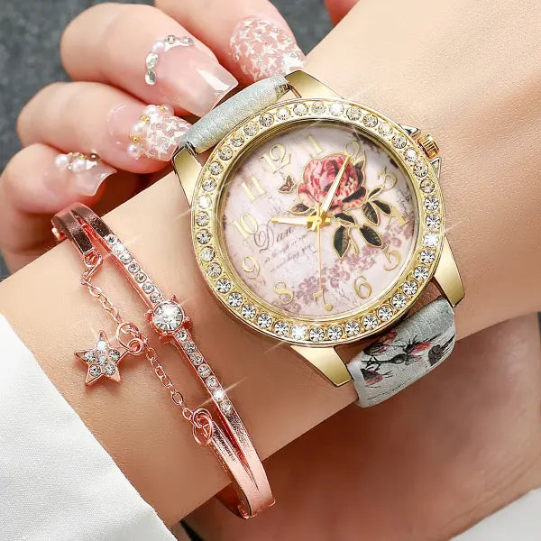 Quartz movement origin rhinestone flower watch with leather band - Flower 2PC B No Box