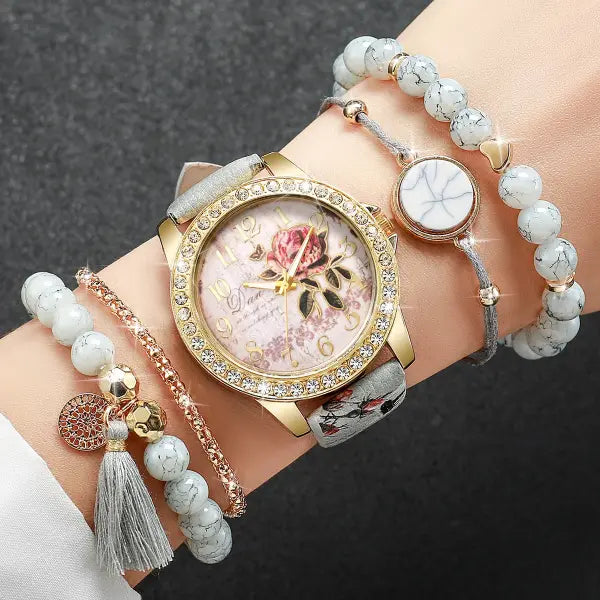 Quartz movement origin rhinestone flower watch with leather band - Flower 5PCS No Box