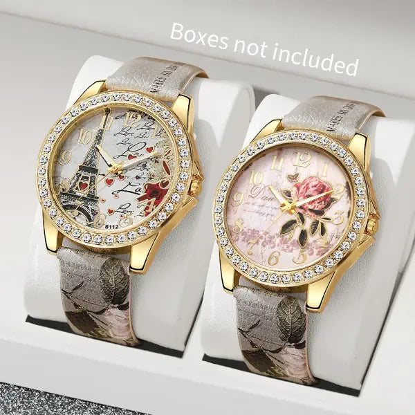 Quartz movement origin rhinestone flower watch with leather band - 2PCS Without Box