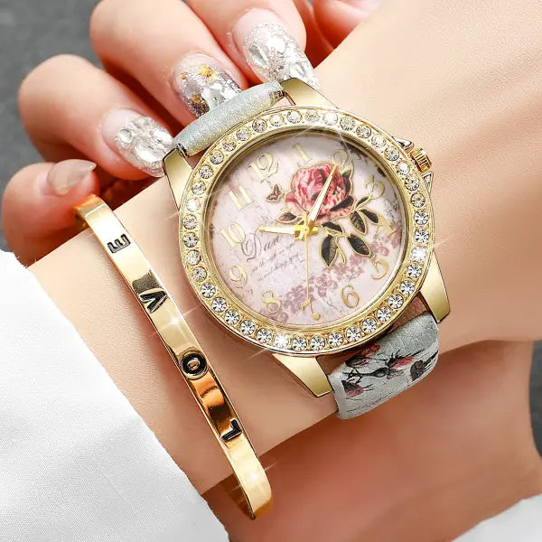 Quartz movement origin rhinestone flower watch with leather band - Flower 2PC A No Box