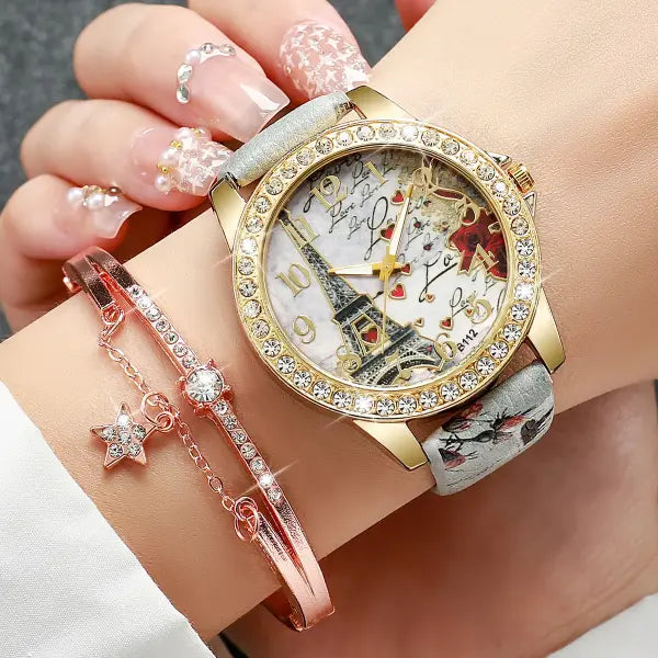 Quartz movement origin rhinestone flower watch with leather band - 2PCS B No Box