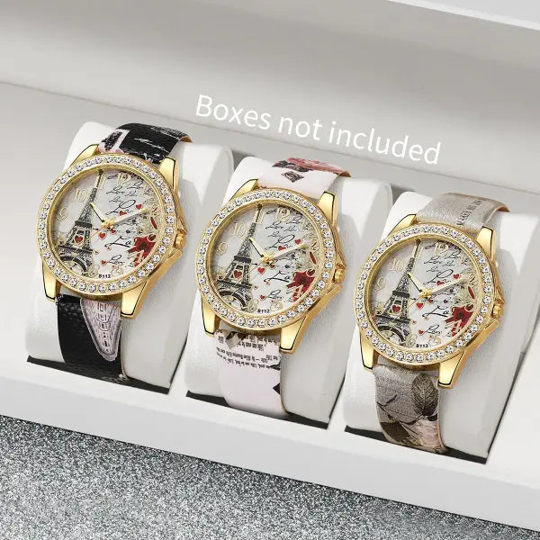 Quartz movement origin rhinestone flower watch with leather band - 3PCS Without Box