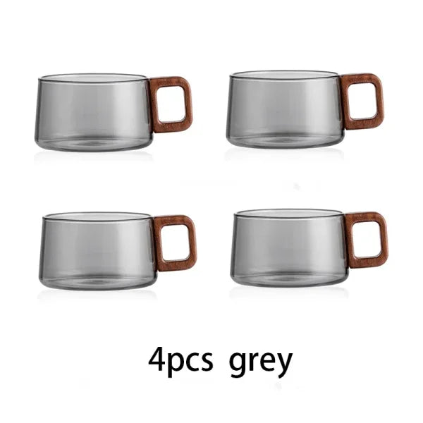 2/4pcs High Borosilicate Glass Coffee Mug Set – Heat-Resistant Teacup with Wooden Handle - Himpall