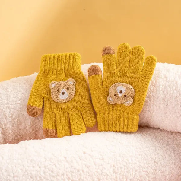 Cartoon Bear Knitted Baby Gloves – Thick Winter Warm Crochet Gloves for Boys & Girls (Ages 2–6) - 2-6yearsoldhuangse