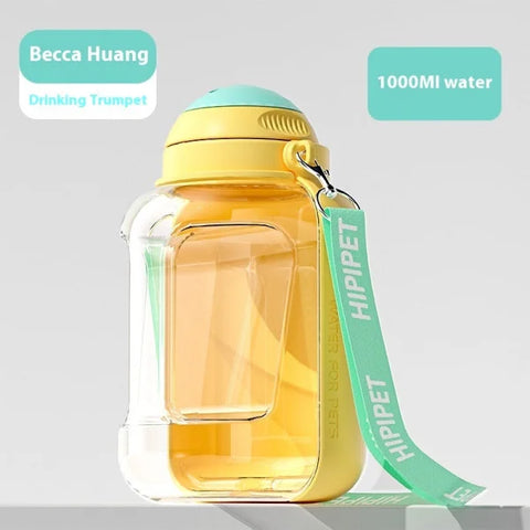 2-in-1 Dog Drinking Water Bottle with Detachable Food Container - Yellow 1000ml