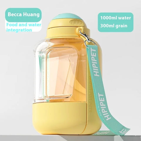 2-in-1 Dog Drinking Water Bottle with Detachable Food Container - Yellow 1000ml 300g