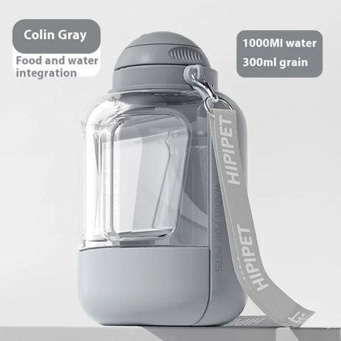 2-in-1 Dog Drinking Water Bottle with Detachable Food Container - Grey 1000ml 300g