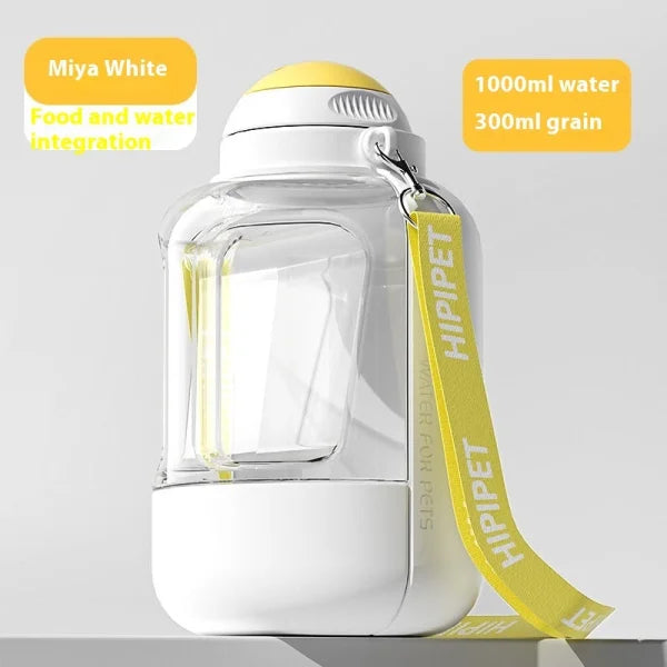 2-in-1 Dog Drinking Water Bottle with Detachable Food Container - White 1000ml 300g