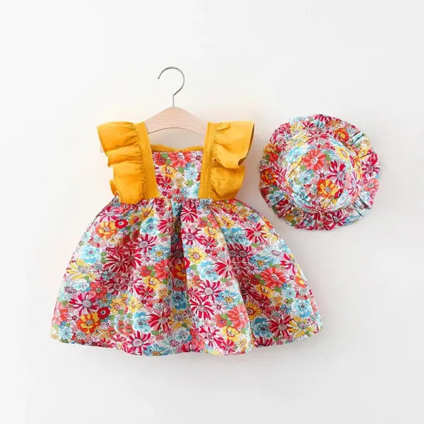 2 Pcs Baby Girl Summer Dress Set – Floral Flying Sleeve Princess Dress with Matching Hat (Size 80–110) - Yellow