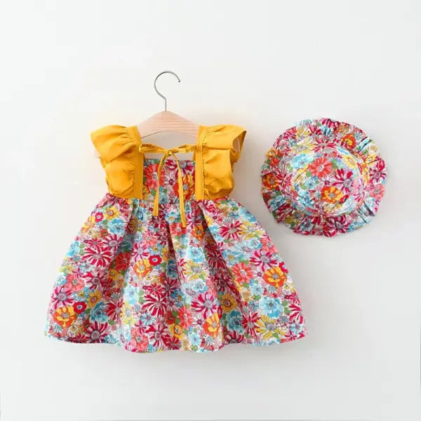 2 Pcs Baby Girl Summer Dress Set – Floral Flying Sleeve Princess Dress with Matching Hat (Size 80–110)