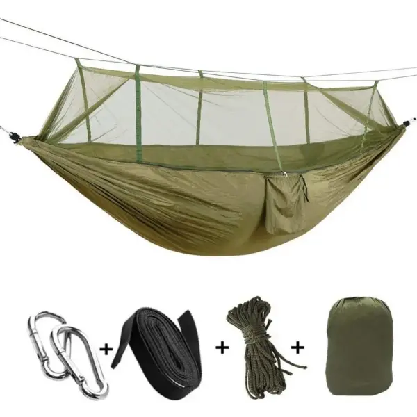2-Person Camping Hammock with Mosquito Net - Heavy Duty Parachute Fabric Portable Swing for Outdoor Travel - army green