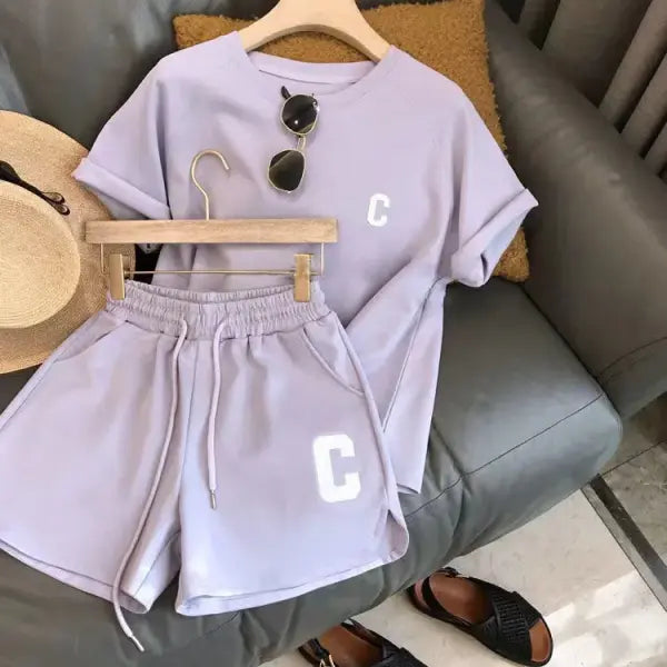 2 Piece Set Women Summer Loose Short Sleeve T-Shirt Casual Shorts Sports Print Letter Casual Suit Large Size Short