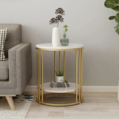 2-Tier White Marble Side Table – Round Coffee Table & Nightstand with Jewellery Storage