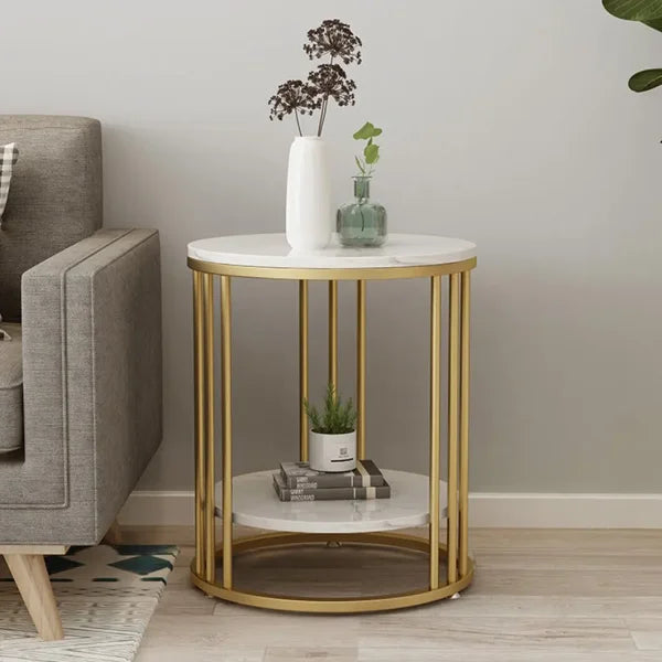 2-Tier White Marble Side Table – Round Coffee Table & Nightstand with Jewellery Storage - Gold / United States