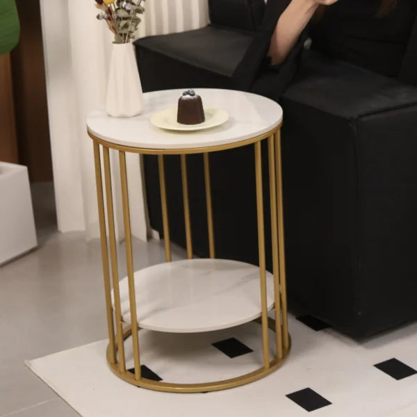 2-Tier White Marble Side Table – Round Coffee Table & Nightstand with Jewellery Storage