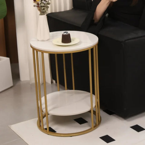 2-Tier White Marble Side Table – Round Coffee Table & Nightstand with Jewellery Storage