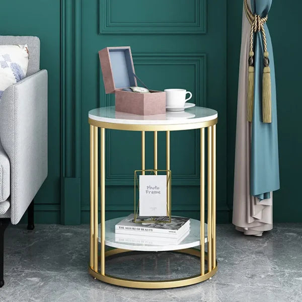 2-Tier White Marble Side Table – Round Coffee Table & Nightstand with Jewellery Storage