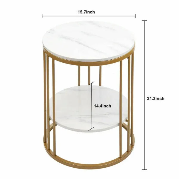 2-Tier White Marble Side Table – Round Coffee Table & Nightstand with Jewellery Storage
