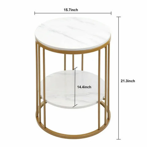 2-Tier White Marble Side Table – Round Coffee Table & Nightstand with Jewellery Storage