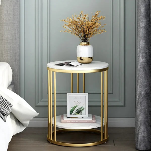 2-Tier White Marble Side Table – Round Coffee Table & Nightstand with Jewellery Storage