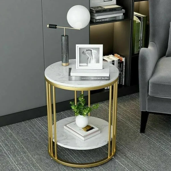 2-Tier White Marble Side Table – Round Coffee Table & Nightstand with Jewellery Storage