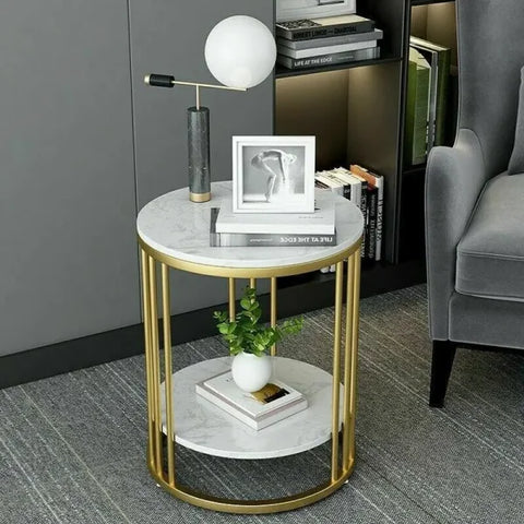 2-Tier White Marble Side Table – Round Coffee Table & Nightstand with Jewellery Storage
