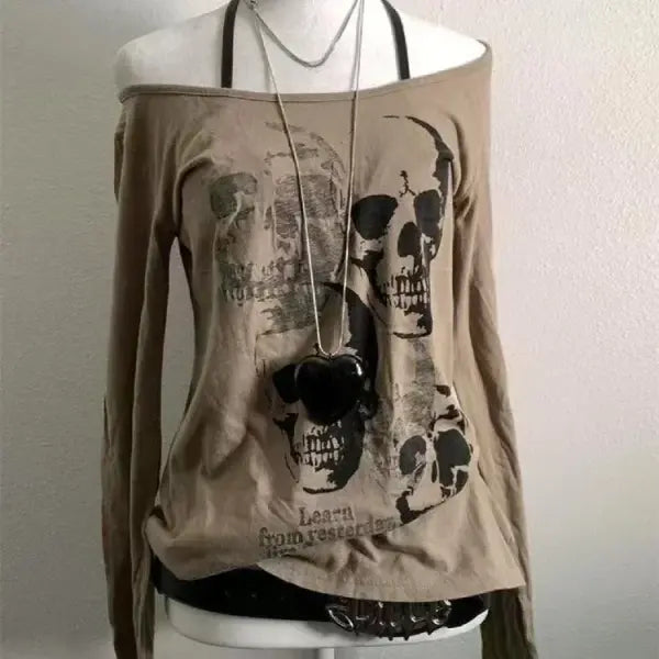 Women’s 2000s Gothic Vintage Long Sleeve T-Shirt – Punk Grunge Graphic Harajuku Y2K Streetwear Top - 554 Brown / S