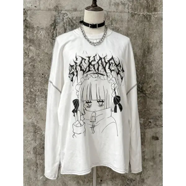 Women’s 2000s Gothic Vintage Long Sleeve T-Shirt – Punk Grunge Graphic Harajuku Y2K Streetwear Top - 604 White / S